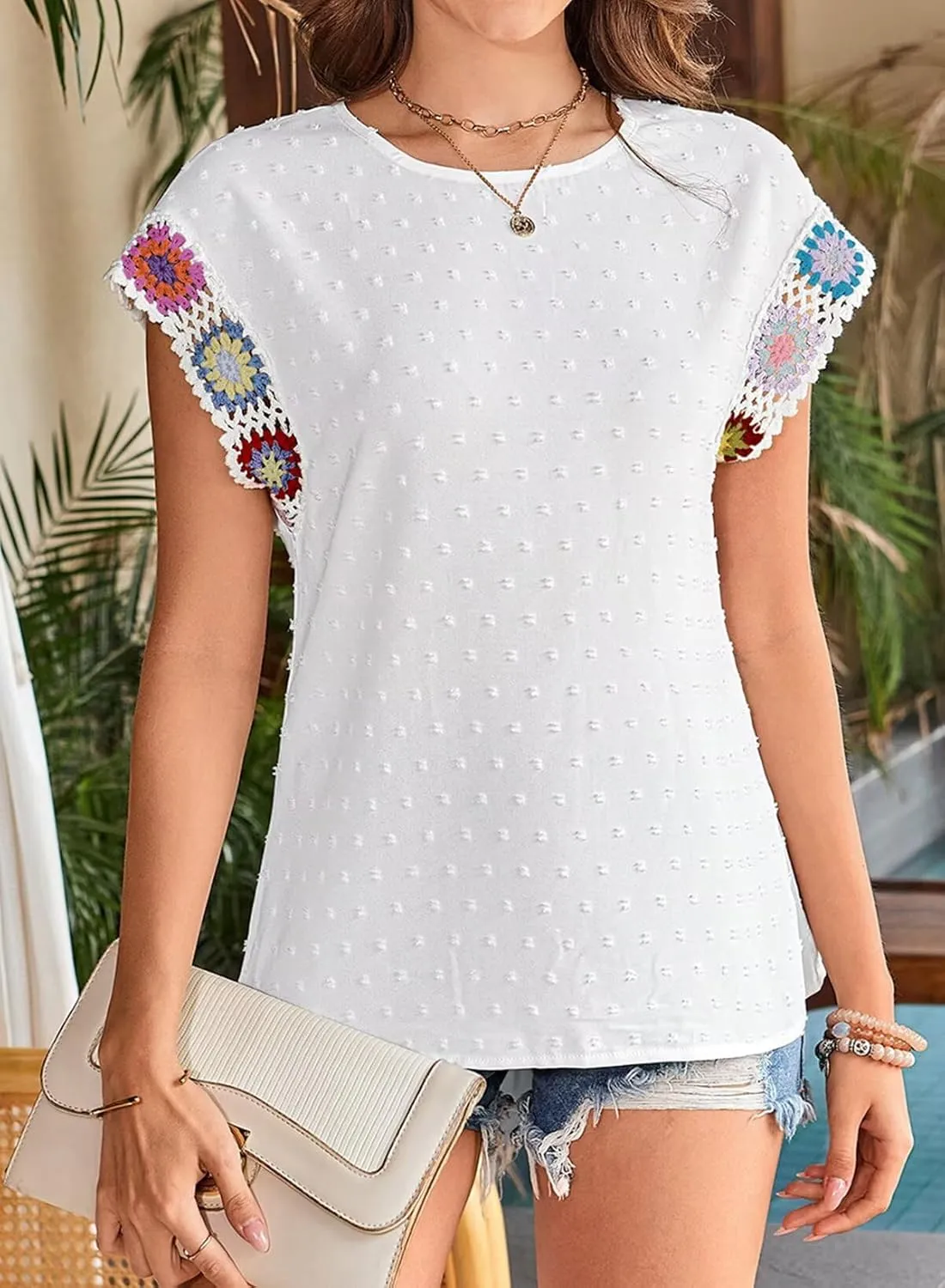 Womens Summer Tops 2025 Boho Tops for Women Color Crew Neck Short Sleeve Casual Blouse