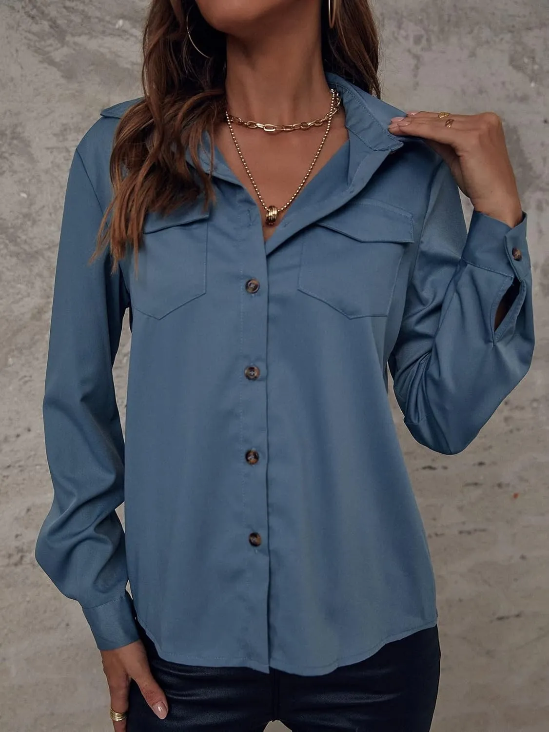 Womens Summer Work Blouse Pocket Button Front Shirt Long Sleeve Tops Tops