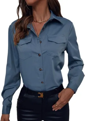 Womens Summer Work Blouse Pocket Button Front Shirt Long Sleeve Tops Tops