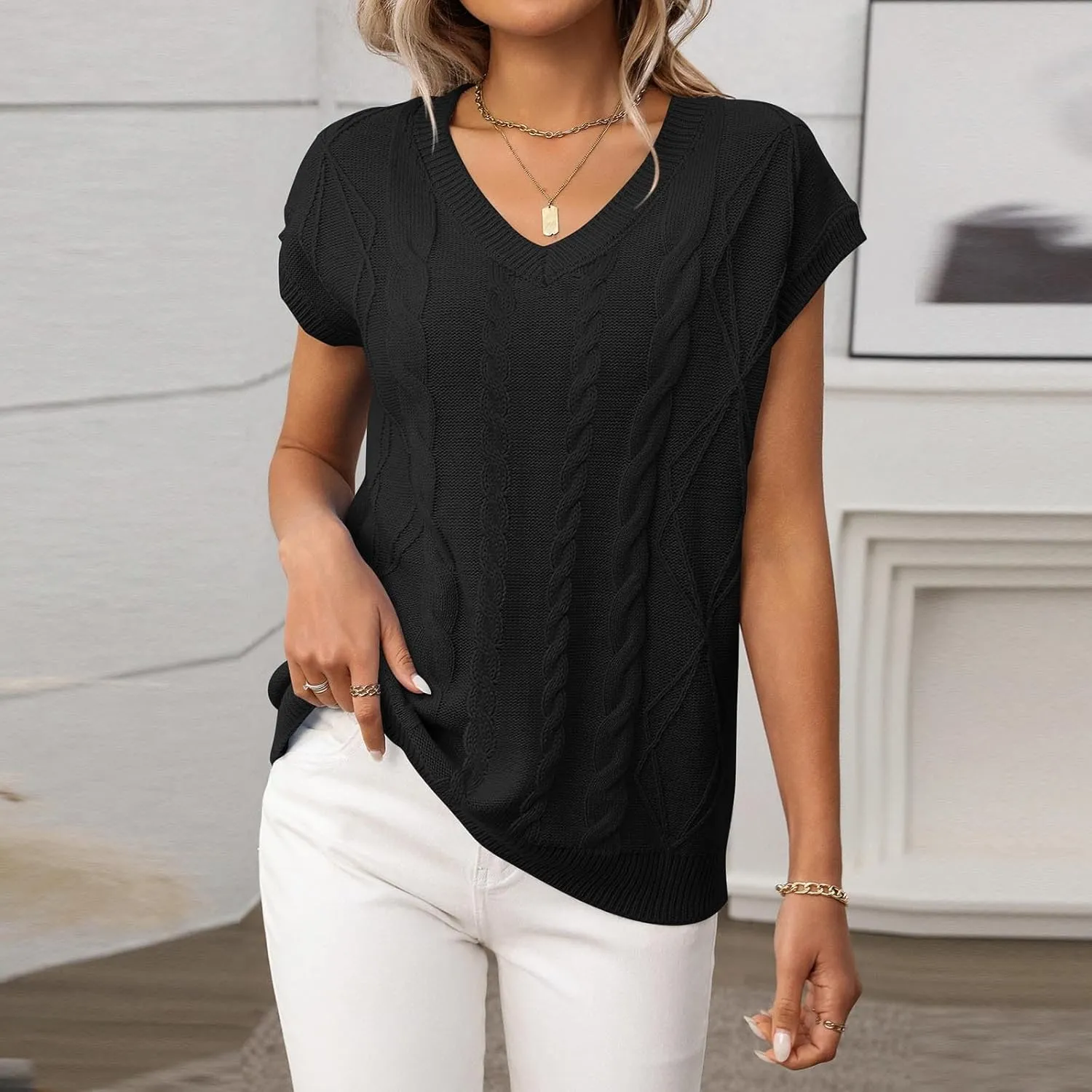 Womens Sweater Vest 2025 Summer V Neck Casual Cap Sleeve Shirts Loose Comfy Soft Cable Knit Pullover Tops Tunic Blouse