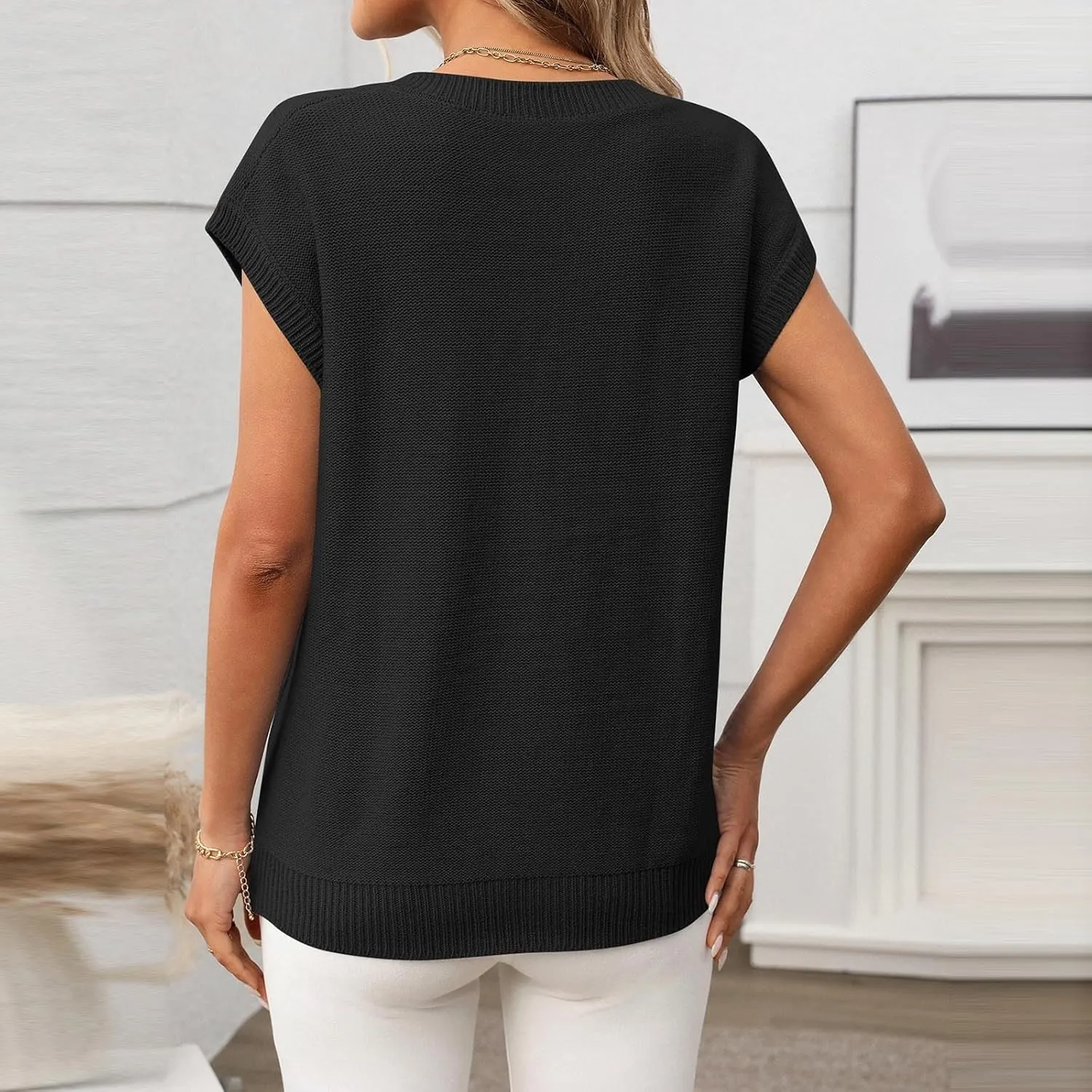 Womens Sweater Vest 2025 Summer V Neck Casual Cap Sleeve Shirts Loose Comfy Soft Cable Knit Pullover Tops Tunic Blouse