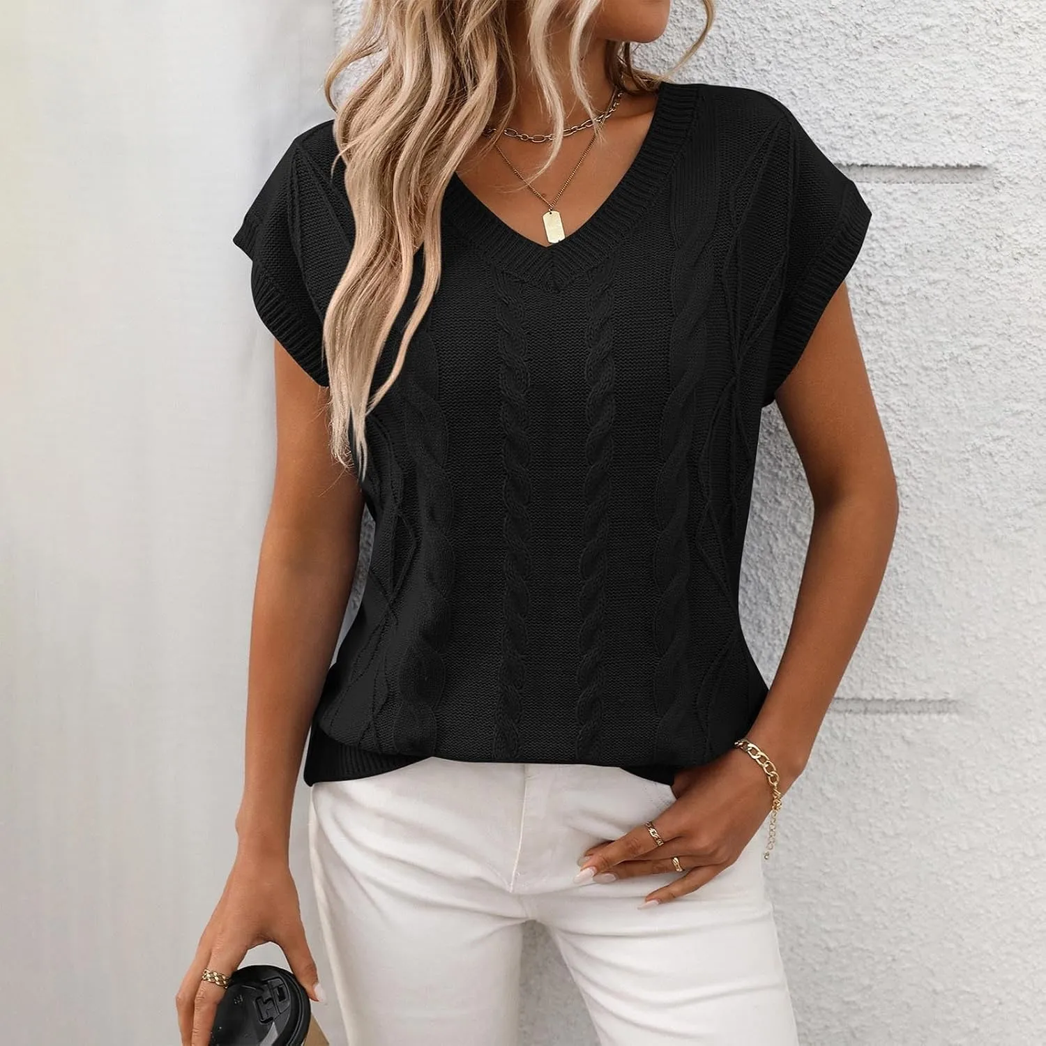 Womens Sweater Vest 2025 Summer V Neck Casual Cap Sleeve Shirts Loose Comfy Soft Cable Knit Pullover Tops Tunic Blouse