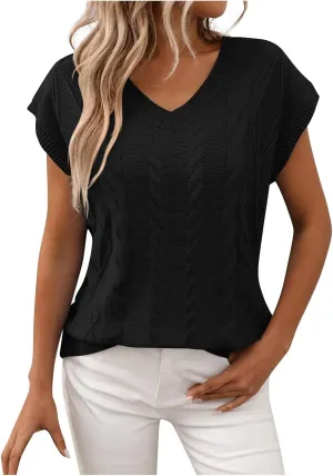 Womens Sweater Vest 2025 Summer V Neck Casual Cap Sleeve Shirts Loose Comfy Soft Cable Knit Pullover Tops Tunic Blouse