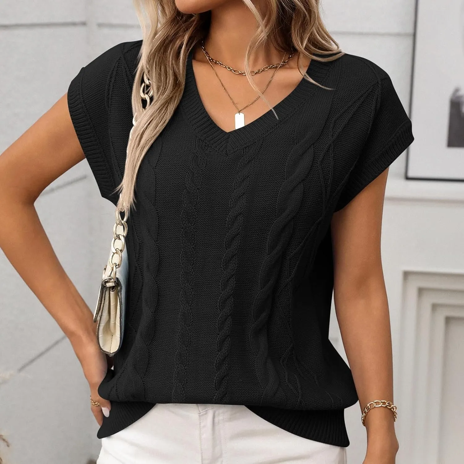 Womens Sweater Vest 2025 Summer V Neck Casual Cap Sleeve Shirts Loose Comfy Soft Cable Knit Pullover Tops Tunic Blouse