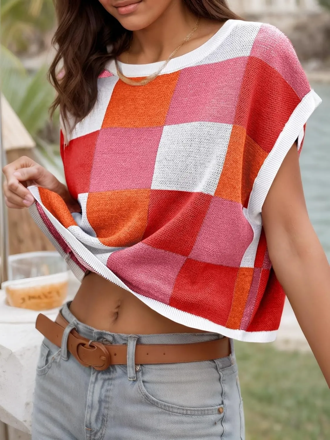 Womens Sweaters Cap Sleeve Crop Tops Color Block Knit Crew Neck Summer Casual Sweaters