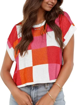 Womens Sweaters Cap Sleeve Crop Tops Color Block Knit Crew Neck Summer Casual Sweaters