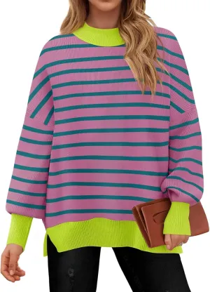 Womens Sweaters Dressy Striped Oversized Knit Pullover Tops Mock Neck Contrast Color Side Slit Sweater