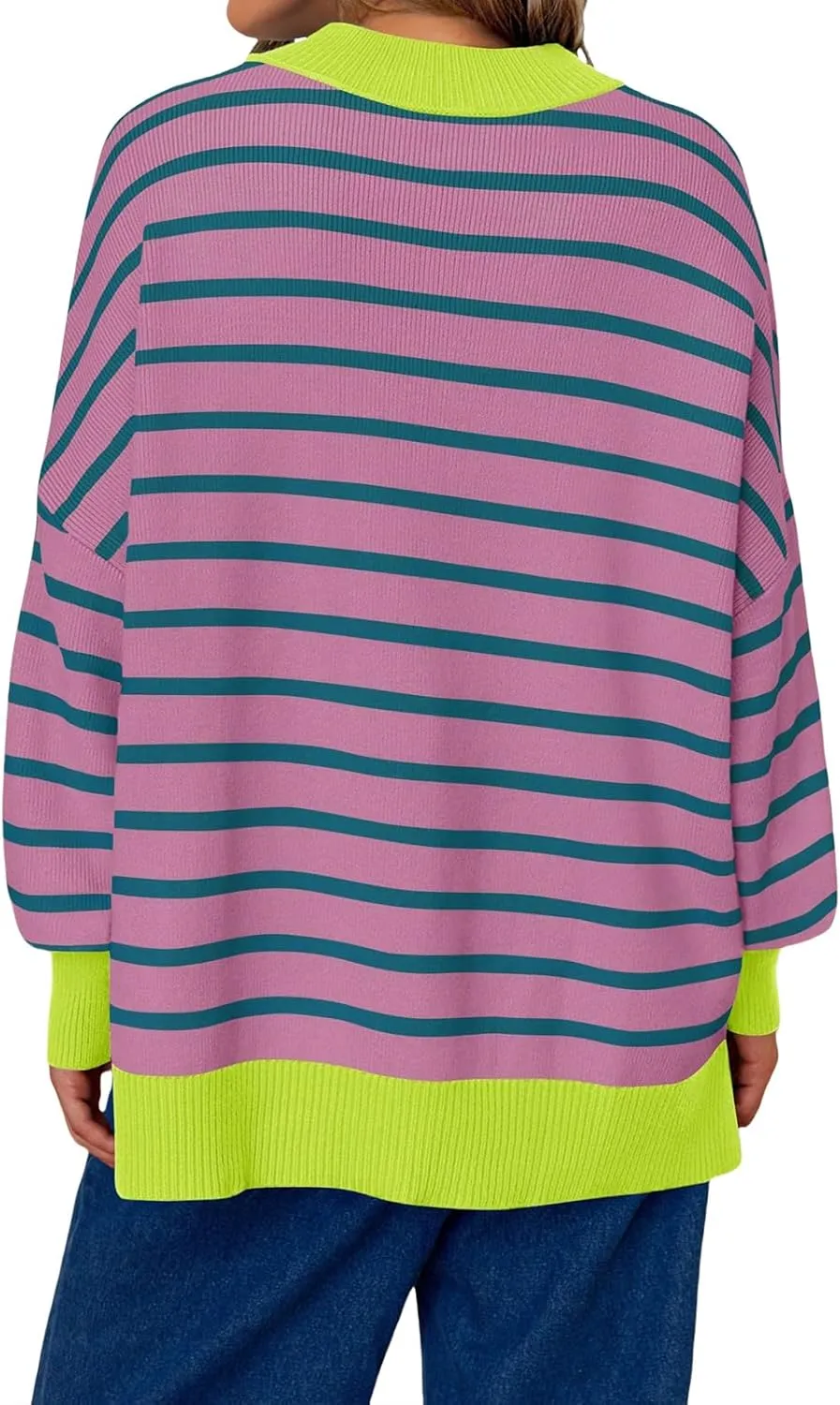 Womens Sweaters Dressy Striped Oversized Knit Pullover Tops Mock Neck Contrast Color Side Slit Sweater