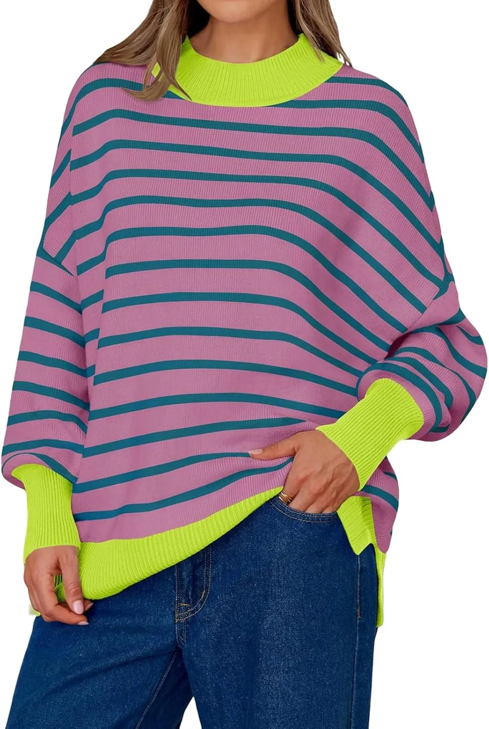 Womens Sweaters Dressy Striped Oversized Knit Pullover Tops Mock Neck Contrast Color Side Slit Sweater