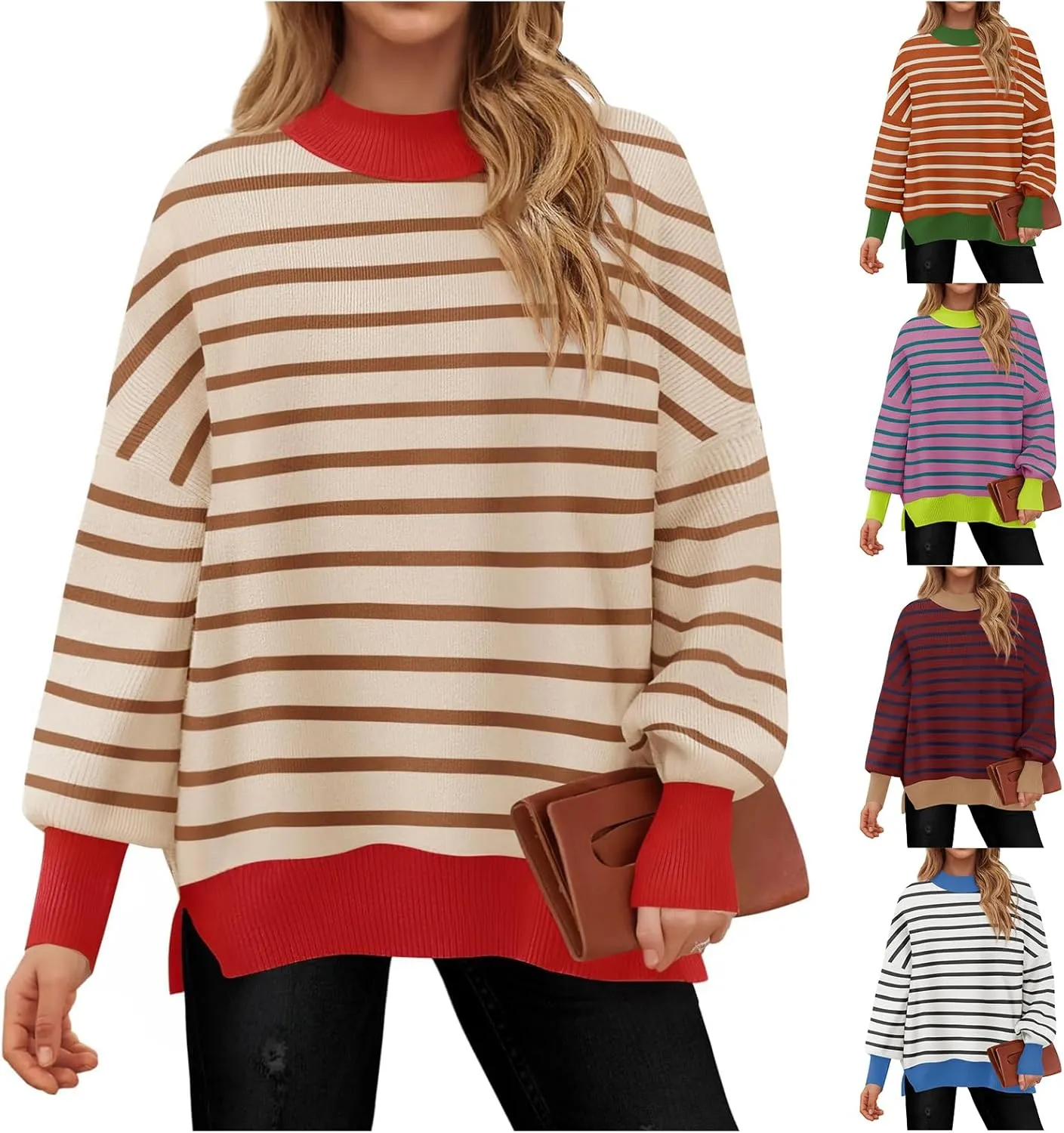 Womens Sweaters Dressy Striped Oversized Knit Pullover Tops Mock Neck Contrast Color Side Slit Sweater