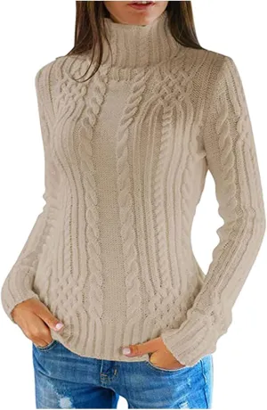 Women's Sweaters Long Sleeve High Collar Pullover Sweater Knitted Jumper Tops Blouse Sweaters