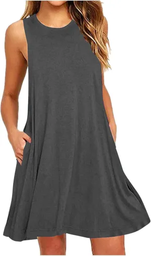 Women's Tank Mini Dress Casual T Shirt Short Vacation Sundress Sleeveless Swing Cover Up Dresses with Pockets