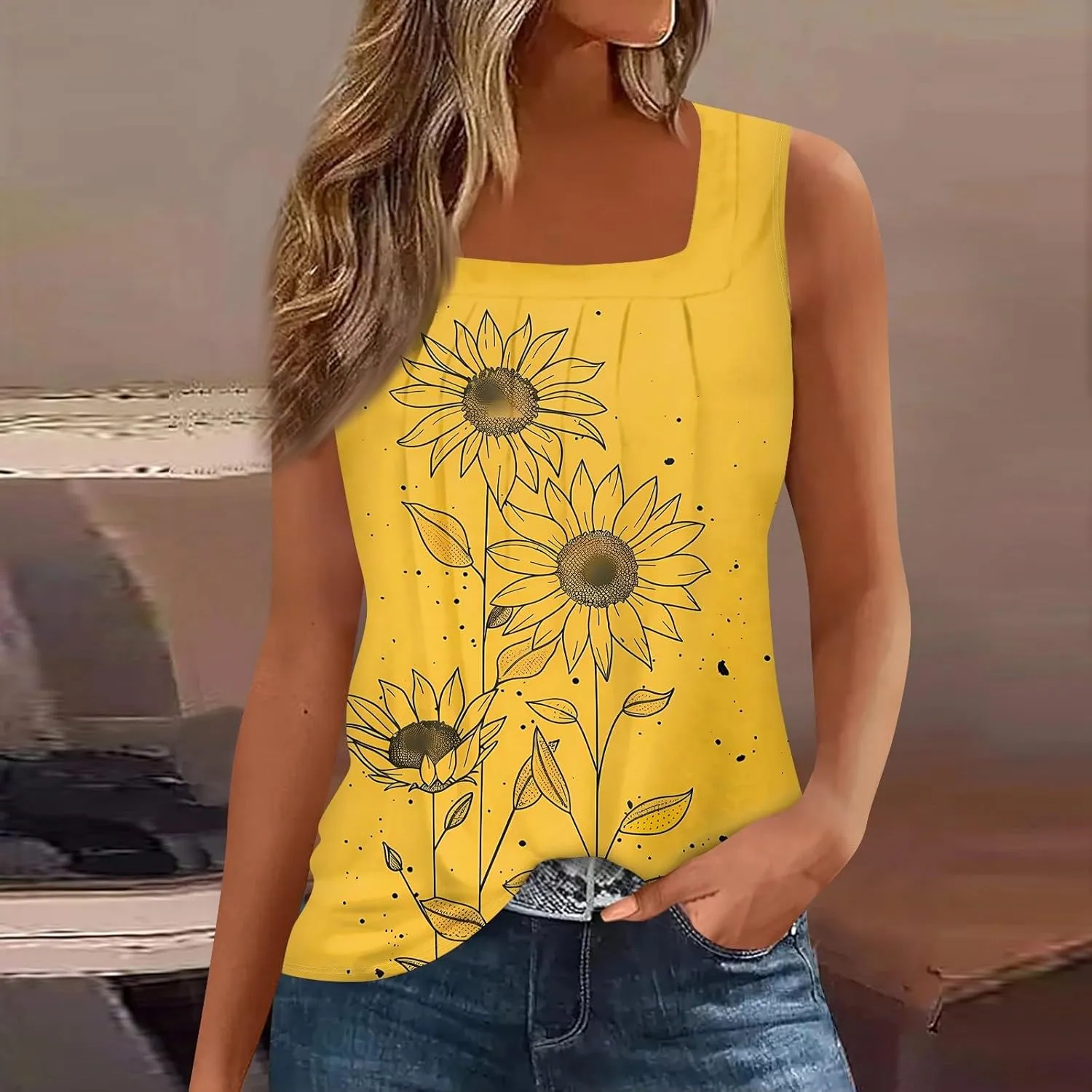 Women's Tank Top Summer Pleated Square Neck Sleeveless Shirt Casual Tunic Curved Hem Flowy Loose Fit Basic Blouse