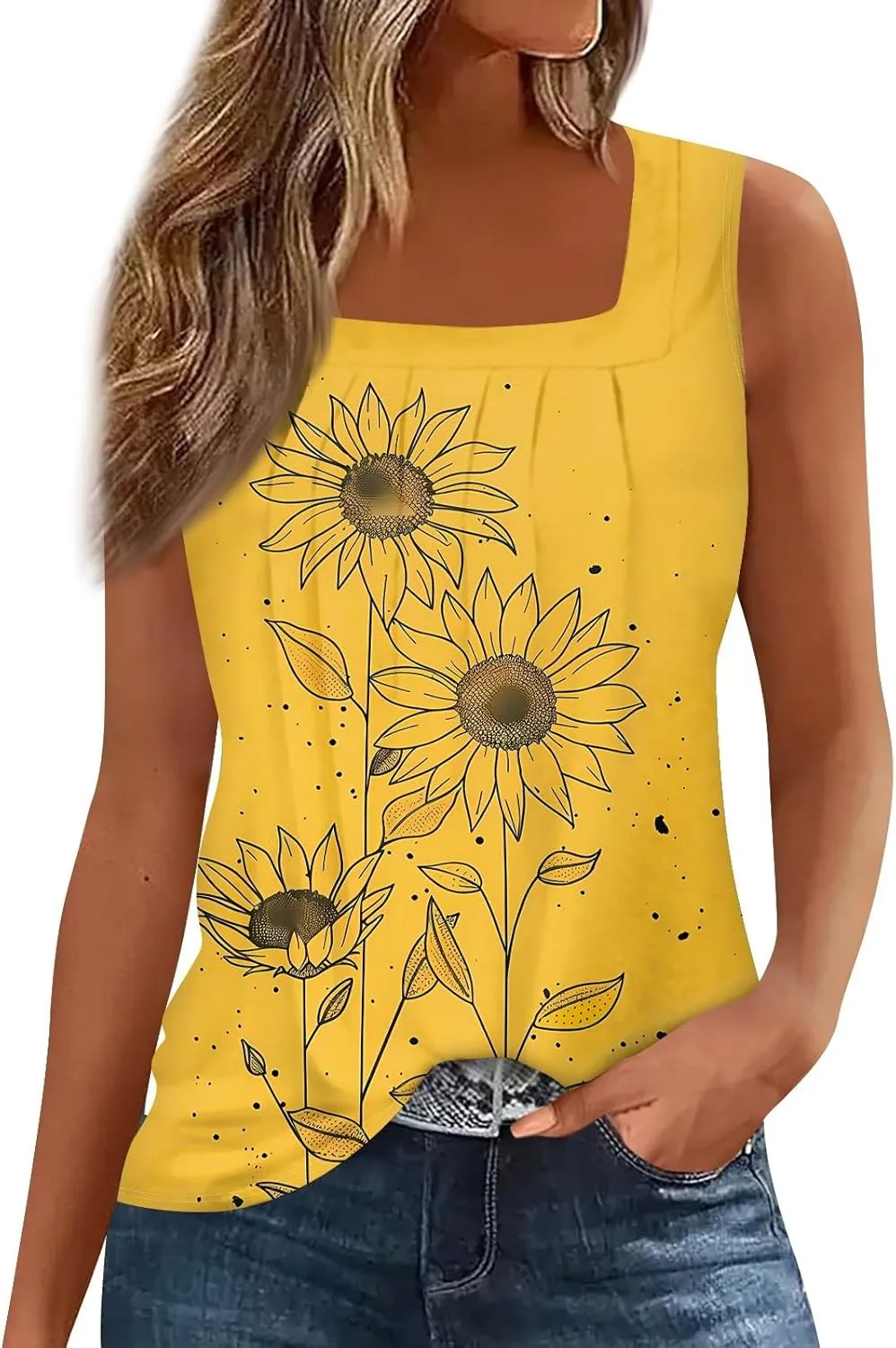 Women's Tank Top Summer Pleated Square Neck Sleeveless Shirt Casual Tunic Curved Hem Flowy Loose Fit Basic Blouse