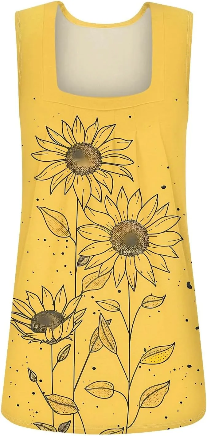 Women's Tank Top Summer Pleated Square Neck Sleeveless Shirt Casual Tunic Curved Hem Flowy Loose Fit Basic Blouse