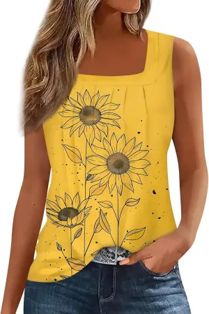 Women's Tank Top Summer Pleated Square Neck Sleeveless Shirt Casual Tunic Curved Hem Flowy Loose Fit Basic Blouse
