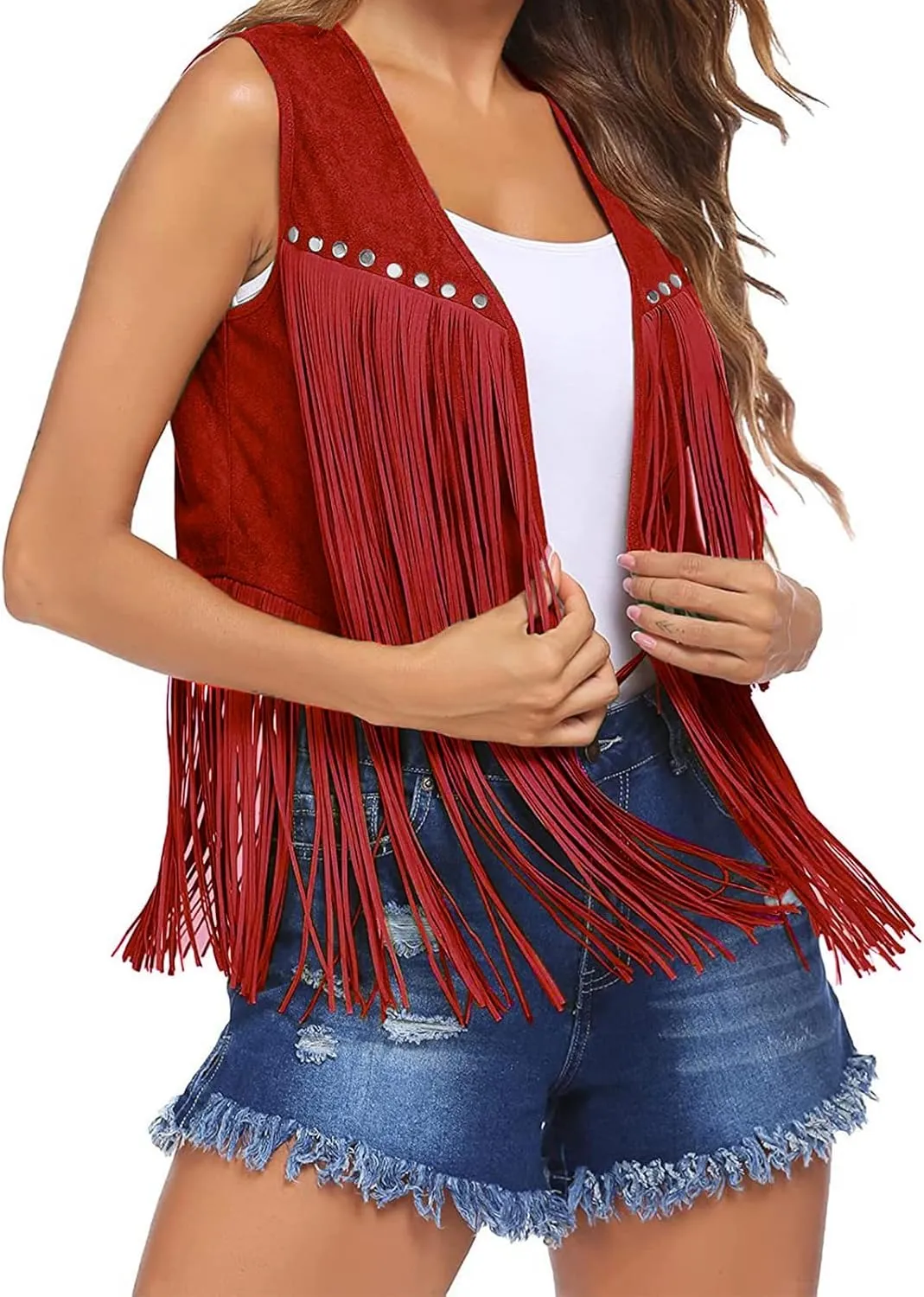 Womens Tassel Vest 70s sleeveless Faux Suede jackets Cowgirl Outfits trendy Western Fringe Vest