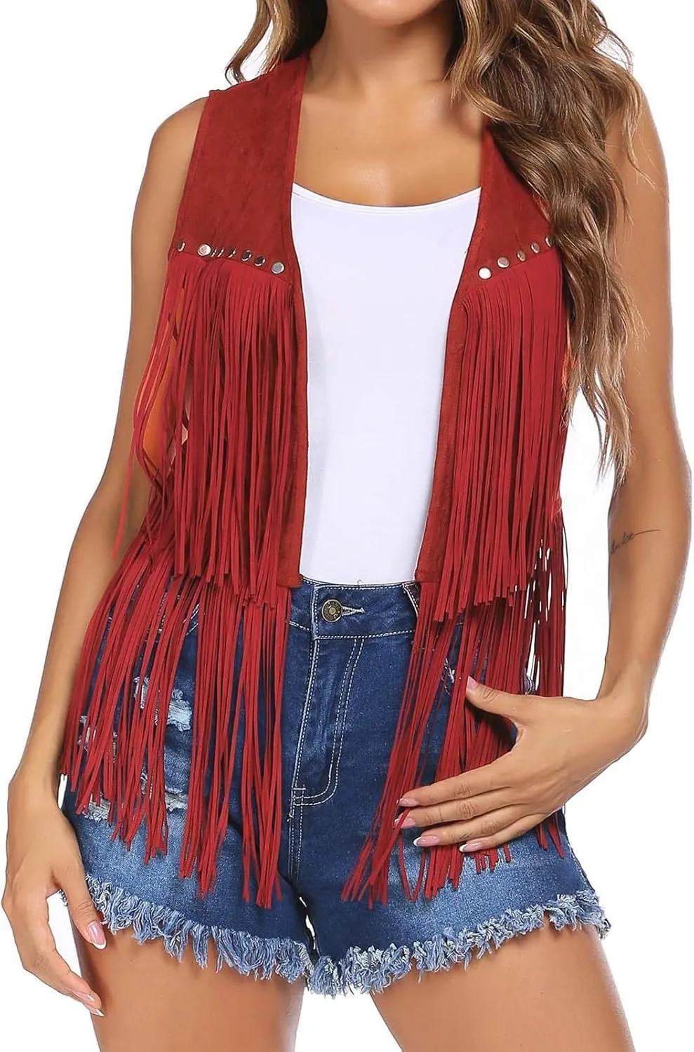 Womens Tassel Vest 70s sleeveless Faux Suede jackets Cowgirl Outfits trendy Western Fringe Vest