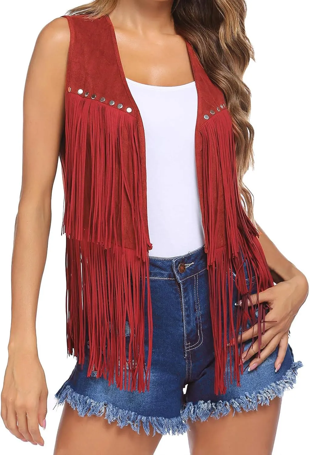 Womens Tassel Vest 70s sleeveless Faux Suede jackets Cowgirl Outfits trendy Western Fringe Vest