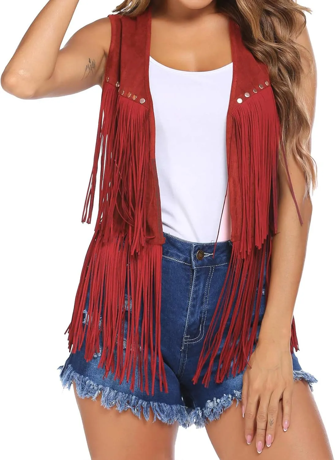 Womens Tassel Vest 70s sleeveless Faux Suede jackets Cowgirl Outfits trendy Western Fringe Vest