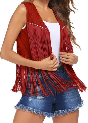 Womens Tassel Vest 70s sleeveless Faux Suede jackets Cowgirl Outfits trendy Western Fringe Vest