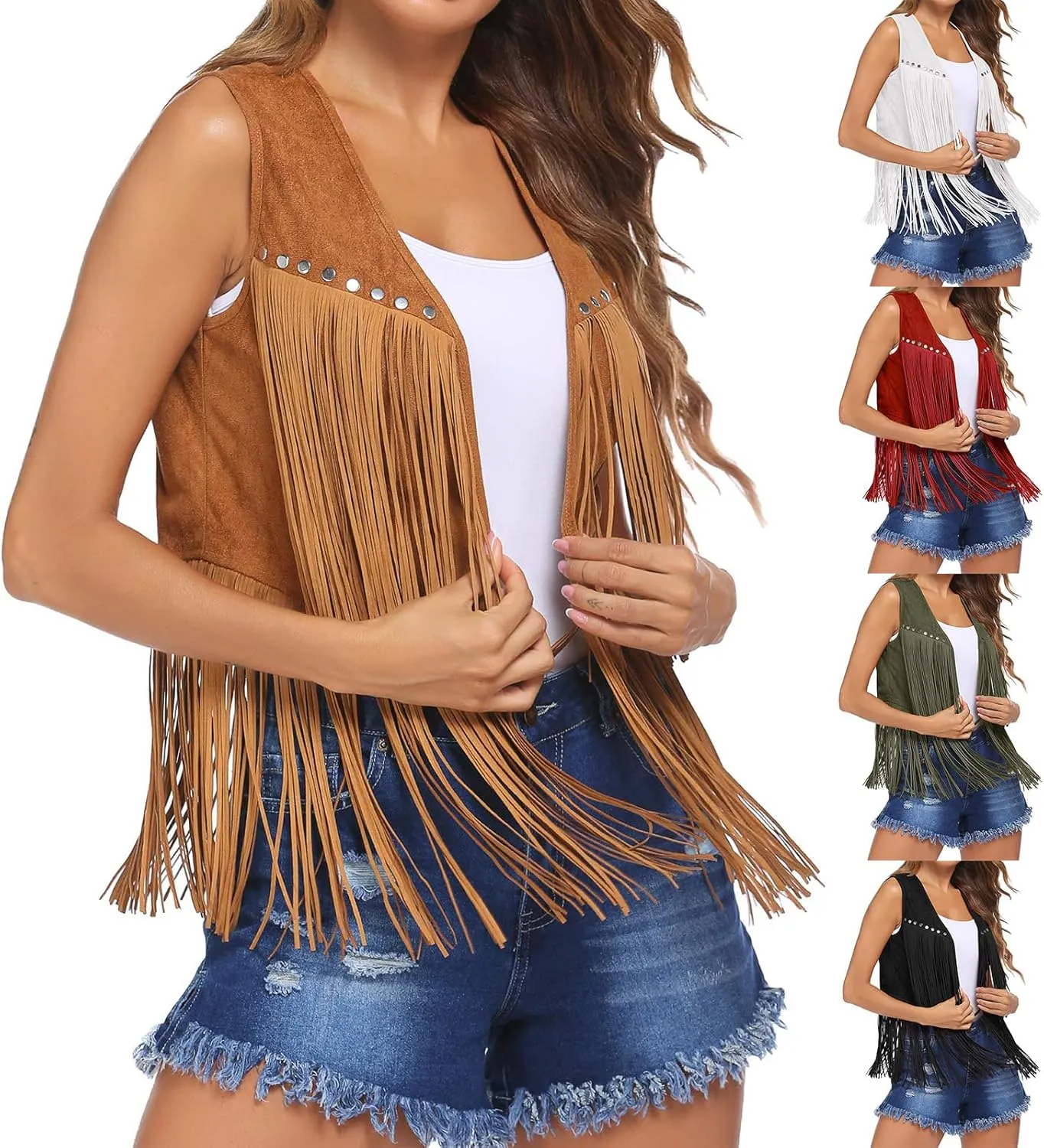 Womens Tassel Vest 70s sleeveless Faux Suede jackets Cowgirl Outfits trendy Western Fringe Vest