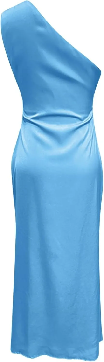 Women's Temperament Slim Fit One Shoulder Style Slit Sexy Satin Dress Body Midi Dresses for Women