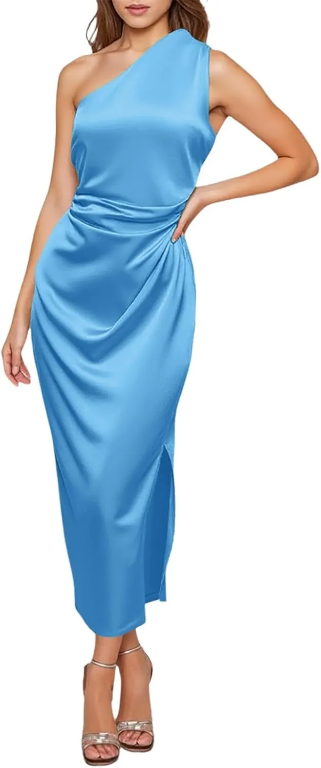 Women's Temperament Slim Fit One Shoulder Style Slit Sexy Satin Dress Body Midi Dresses for Women