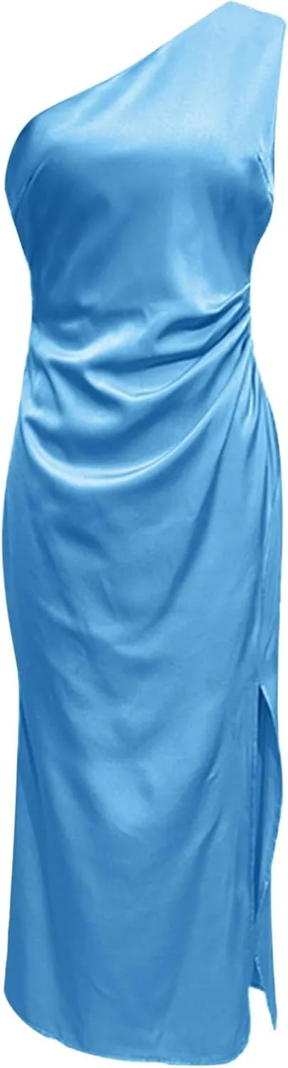 Women's Temperament Slim Fit One Shoulder Style Slit Sexy Satin Dress Body Midi Dresses for Women