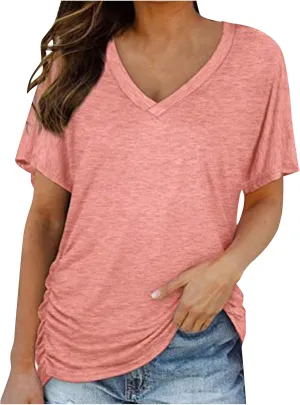 Womens Tops Basic V Neck T Shirts Short Sleeve Dressy Tunic Tops with Side Shirring Ruched Loose Fit Blouse Shirts