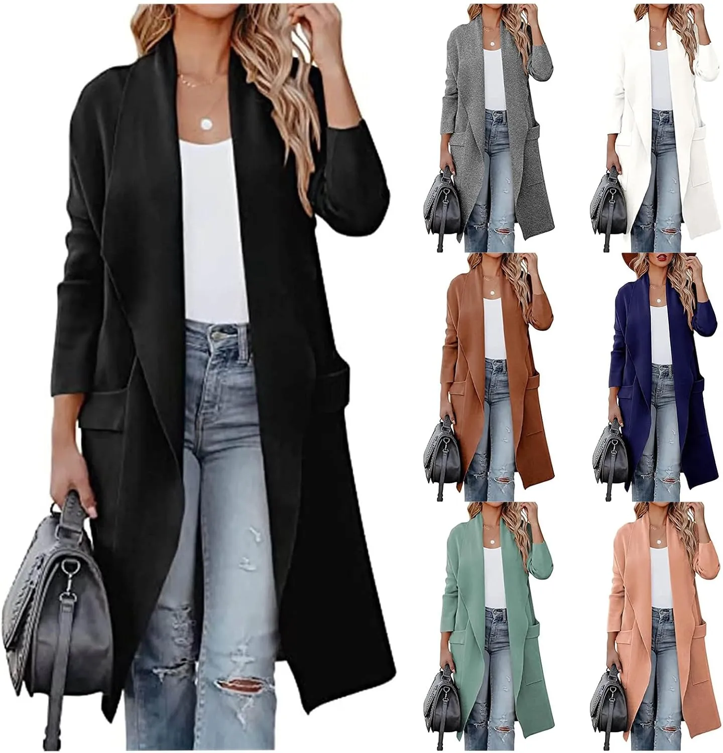 Womens Trench Coats Cardigan Jacket Lapel Open Front Jacket Wool Blend Coat Lightweight Winter Jackets for Women