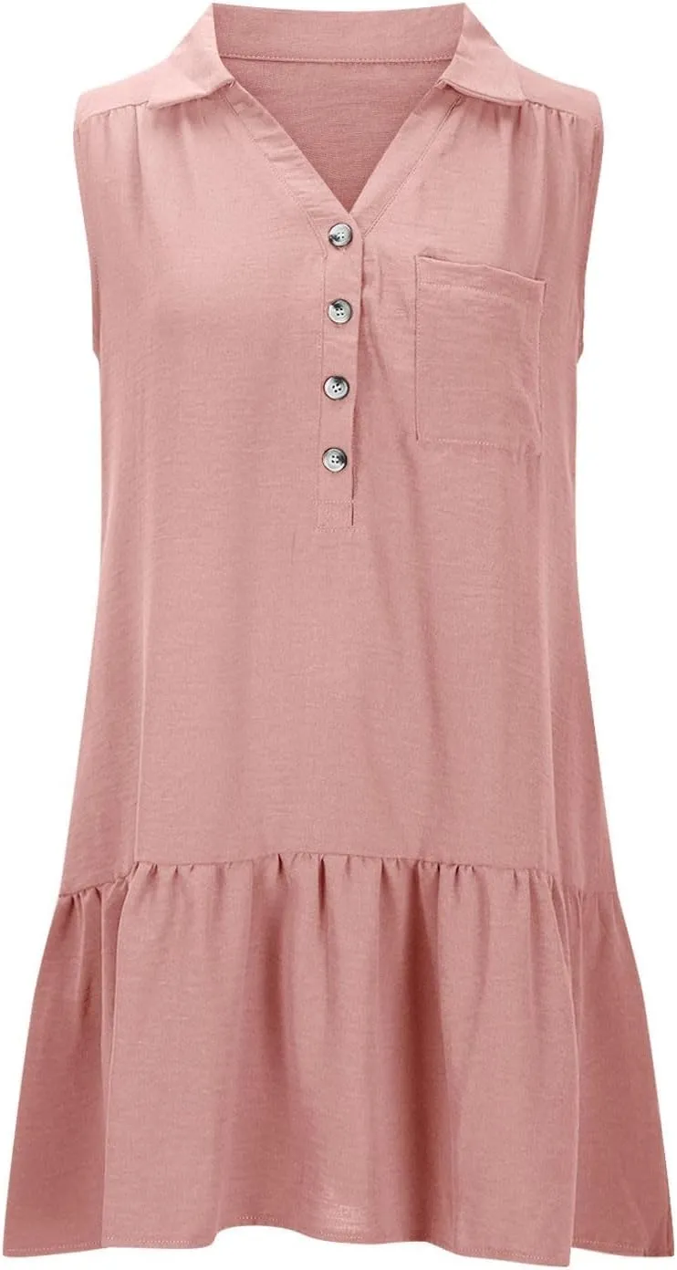 Women's V-Neck Button Sleeveless Mini Dress Ruffle Tiered Casual Swing Smocked Dress Beach Sundress with Pocket