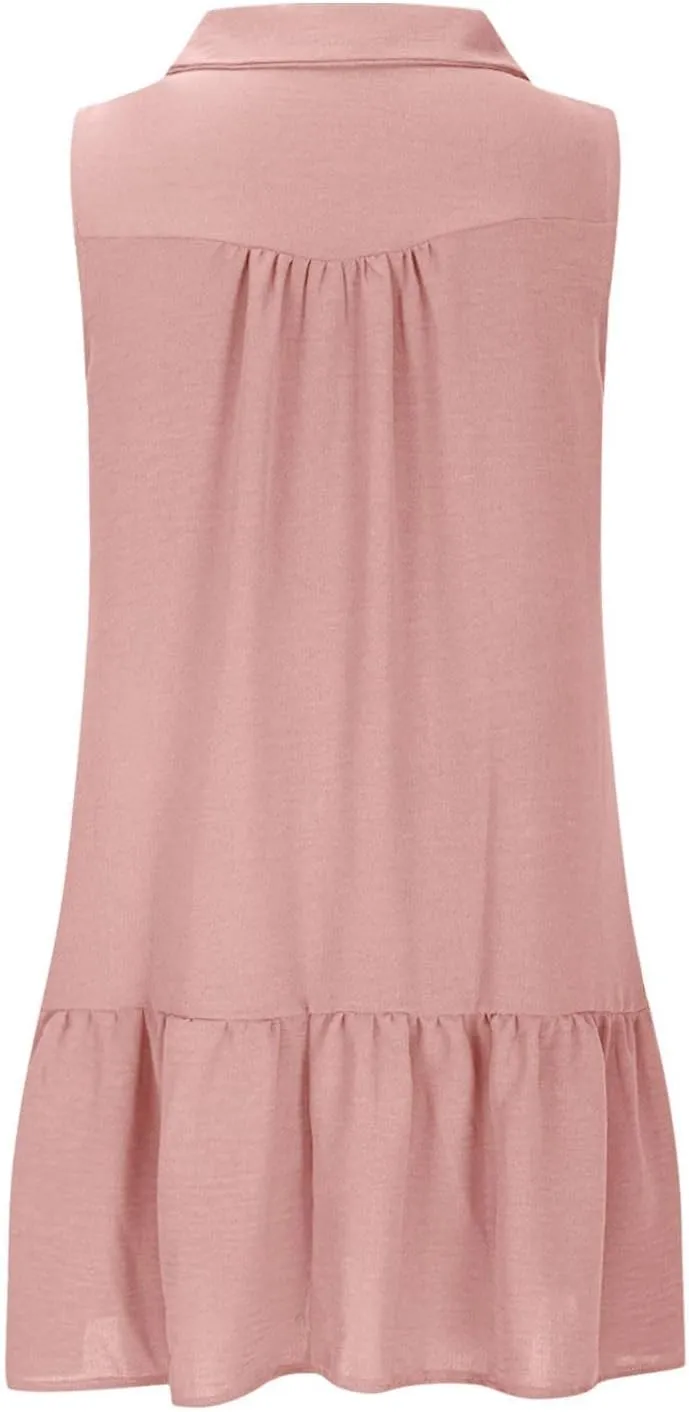 Women's V-Neck Button Sleeveless Mini Dress Ruffle Tiered Casual Swing Smocked Dress Beach Sundress with Pocket