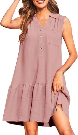 Women's V-Neck Button Sleeveless Mini Dress Ruffle Tiered Casual Swing Smocked Dress Beach Sundress with Pocket