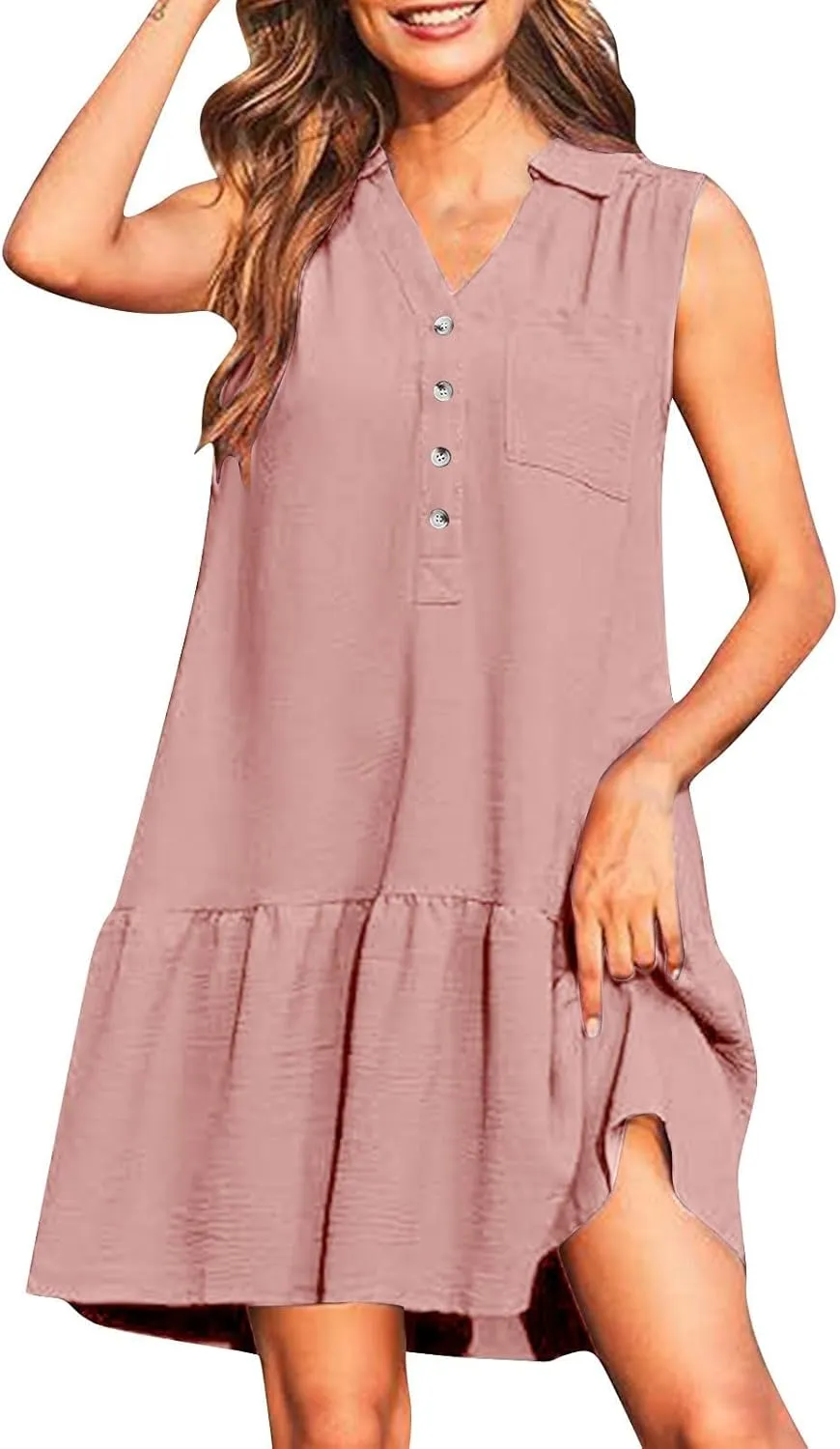 Women's V-Neck Button Sleeveless Mini Dress Ruffle Tiered Casual Swing Smocked Dress Beach Sundress with Pocket
