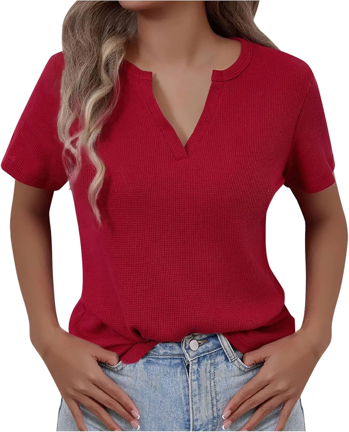 Womens Waffle T-Shirts Slim Fit V Neck Blouses 2025 Summer Short Sleeve Pullover Tees Basic Bottoming Tops