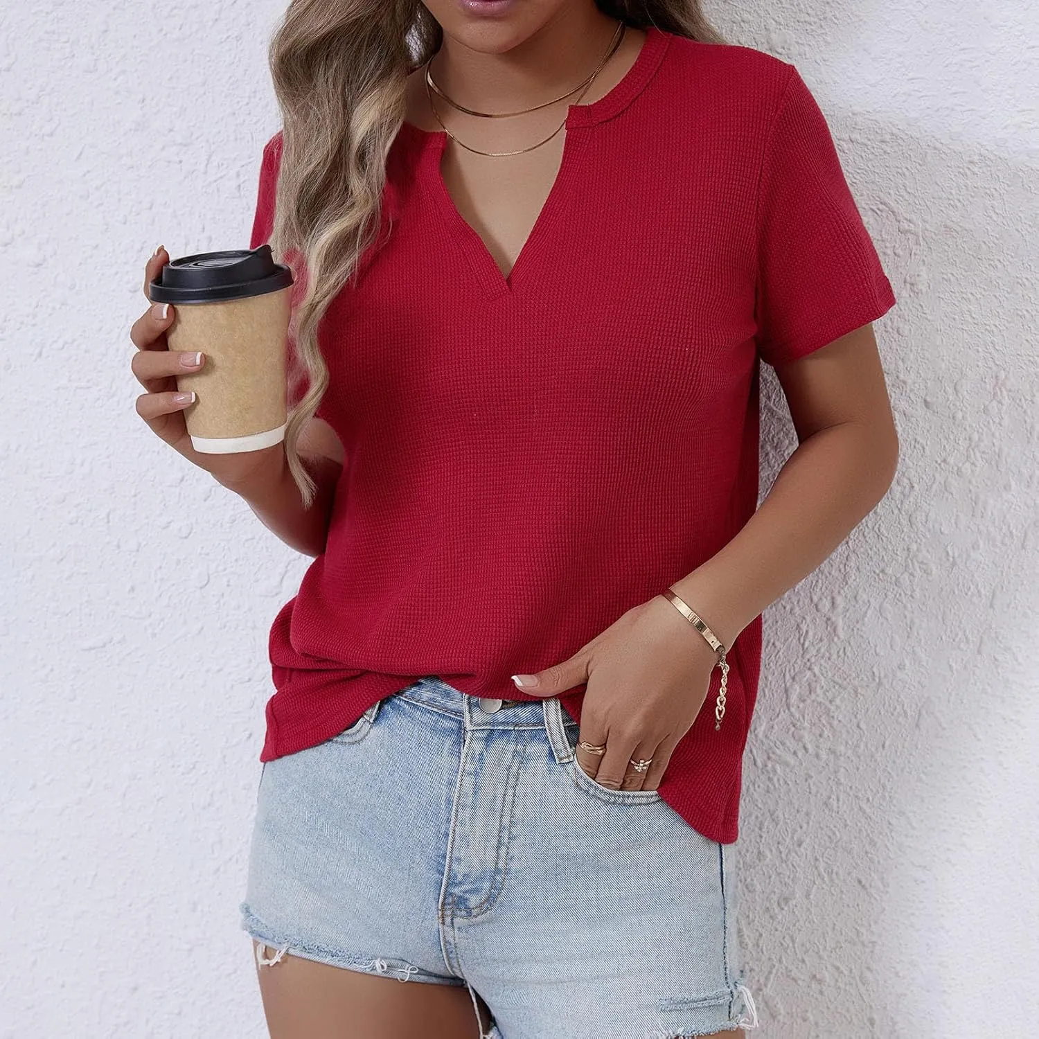 Womens Waffle T-Shirts Slim Fit V Neck Blouses 2025 Summer Short Sleeve Pullover Tees Basic Bottoming Tops