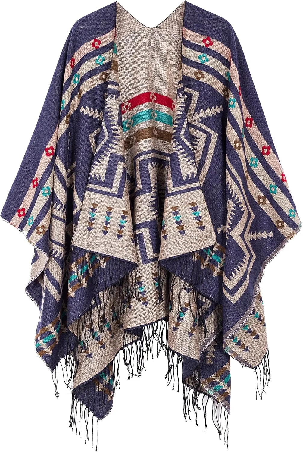 Women's Warm Shawls Wraps Open Front Cardigan Vintage Pattern Poncho Cape Sweater Coat