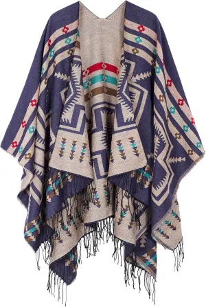 Women's Warm Shawls Wraps Open Front Cardigan Vintage Pattern Poncho Cape Sweater Coat