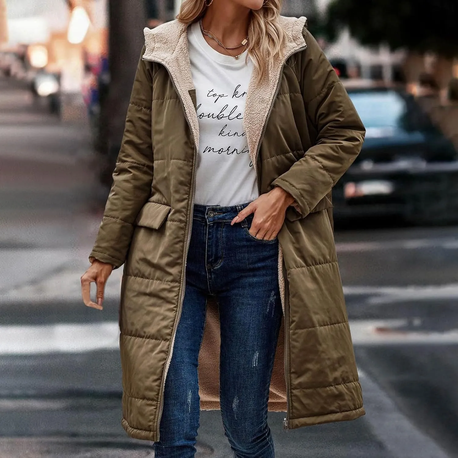 Womens Warm Winter Coats Sherpa Fleece Lined Hooded Jackets with Pockets Plush Reversible Long Overcoat