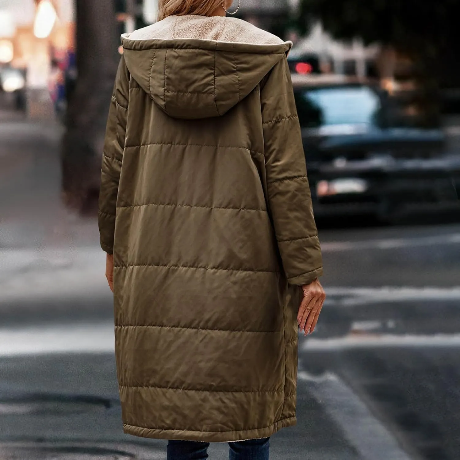 Womens Warm Winter Coats Sherpa Fleece Lined Hooded Jackets with Pockets Plush Reversible Long Overcoat