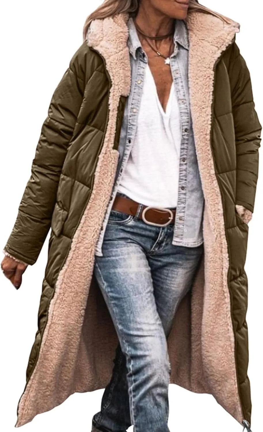 Womens Warm Winter Coats Sherpa Fleece Lined Hooded Jackets with Pockets Plush Reversible Long Overcoat