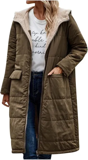 Womens Warm Winter Coats Sherpa Fleece Lined Hooded Jackets with Pockets Plush Reversible Long Overcoat