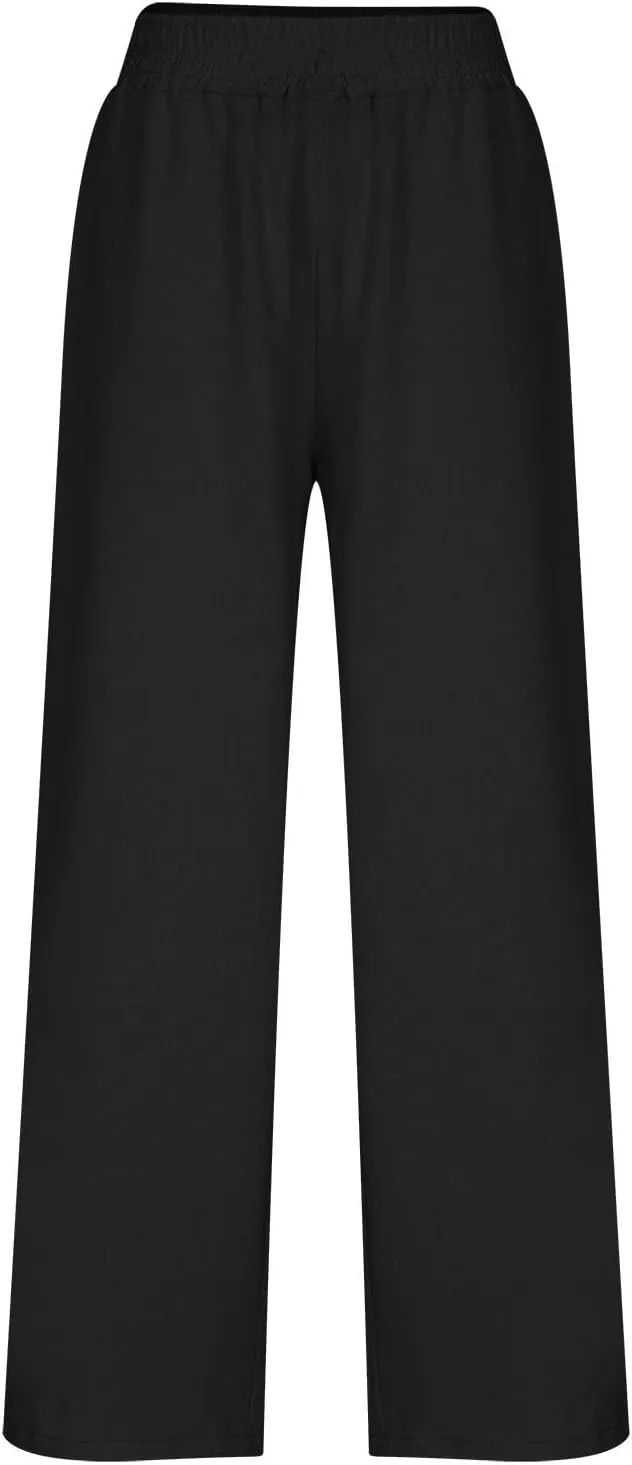 Womens Wide Leg Linen Pants Palazzo Pants with Pockets Smocked Elastic Waist Casual Trousers Summer Bottoms
