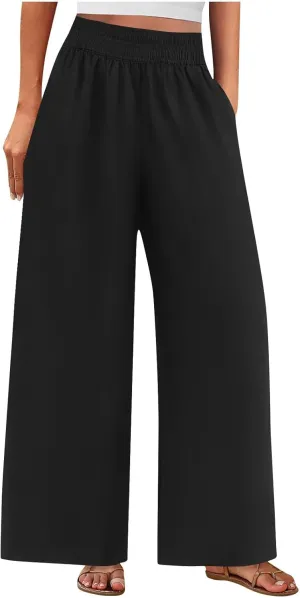 Womens Wide Leg Linen Pants Palazzo Pants with Pockets Smocked Elastic Waist Casual Trousers Summer Bottoms