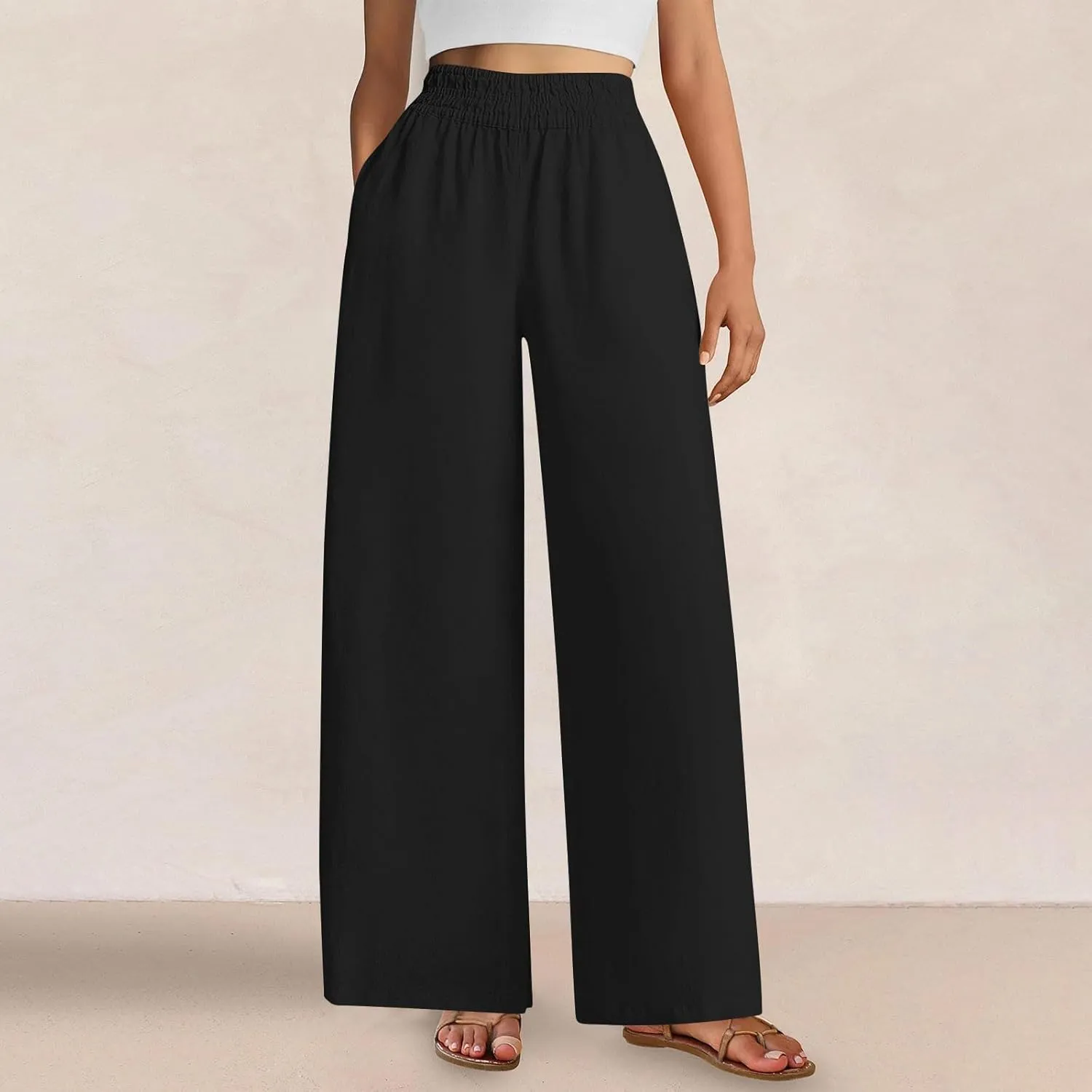 Womens Wide Leg Linen Pants Palazzo Pants with Pockets Smocked Elastic Waist Casual Trousers Summer Bottoms