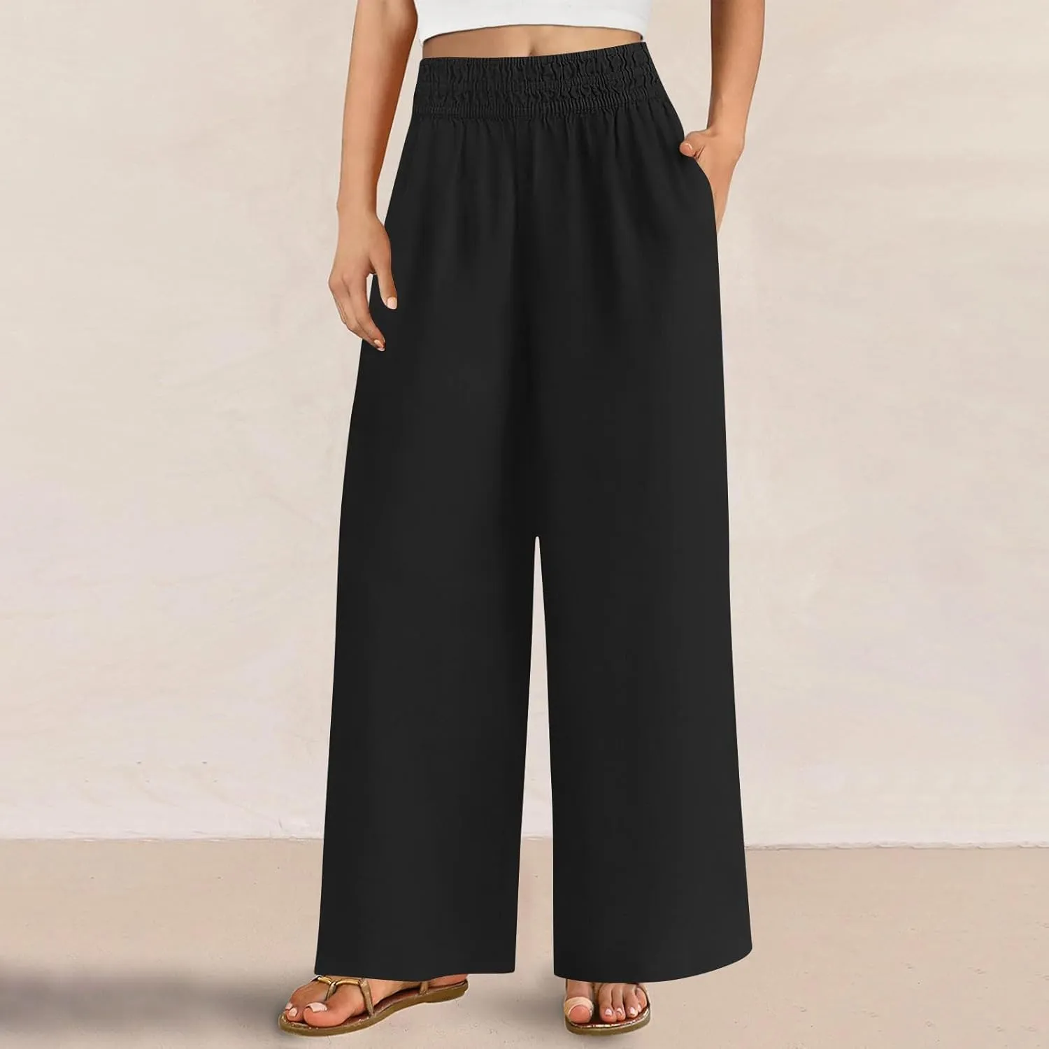 Womens Wide Leg Linen Pants Palazzo Pants with Pockets Smocked Elastic Waist Casual Trousers Summer Bottoms
