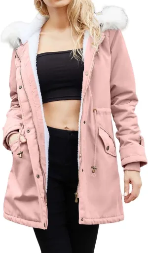Womens Winter Fleece Jackets Warm Jackets with Faux Fur Removable Hood Casual Zipper Coats Thicken Parka