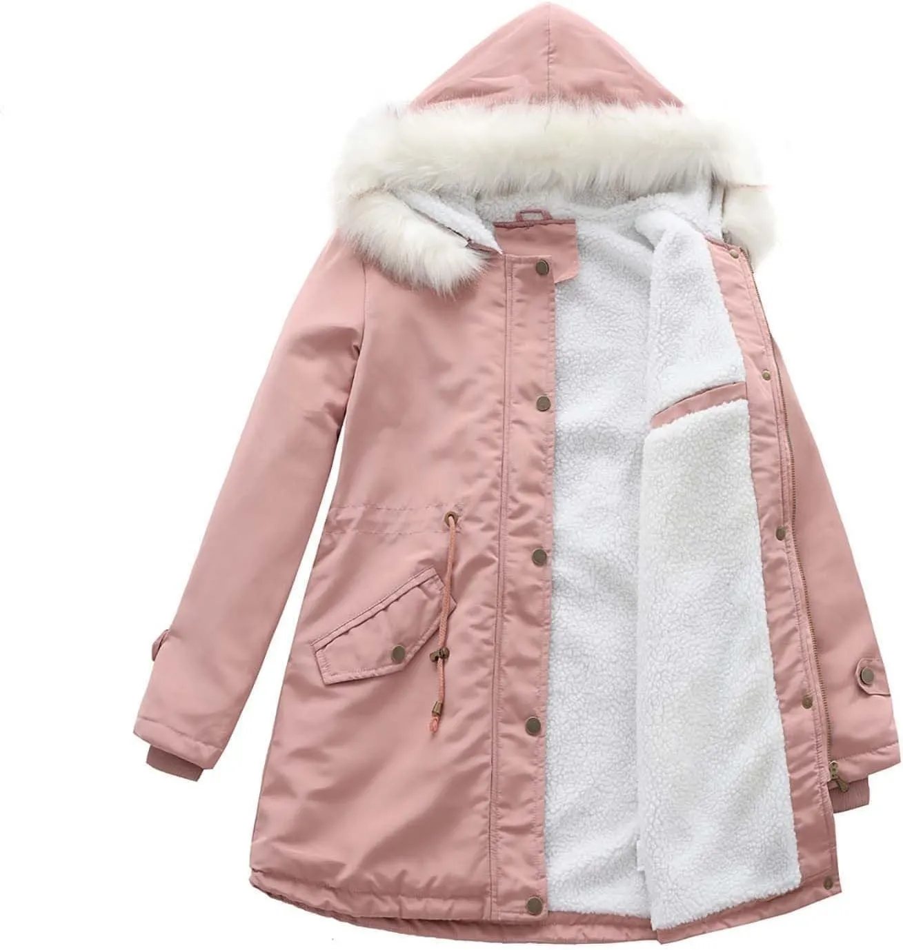 Womens Winter Fleece Jackets Warm Jackets with Faux Fur Removable Hood Casual Zipper Coats Thicken Parka