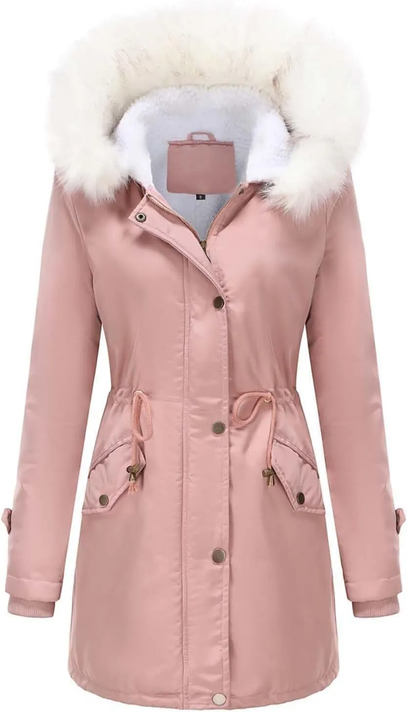 Womens Winter Fleece Jackets Warm Jackets with Faux Fur Removable Hood Casual Zipper Coats Thicken Parka